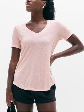 Women's Light Pink Breezy V-Neck Short Sleeve Top Medium TALL